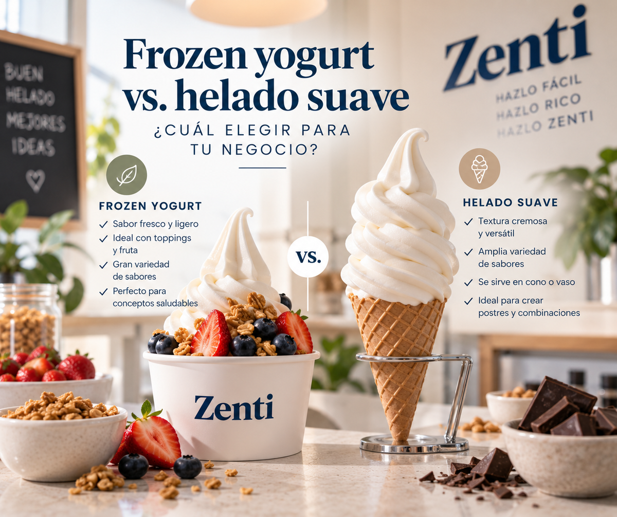 Comparativa entre frozen yogurt con fruta y granola y un cono de helado suave ZENTI