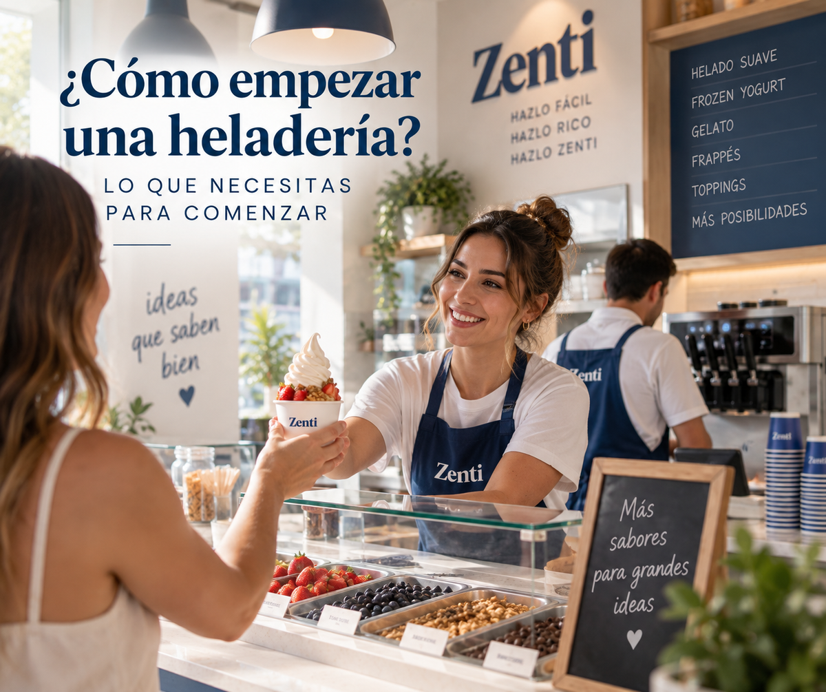 Empleada de ZENTI entregando un vaso de frozen yogurt con toppings a una clienta en el mostrador